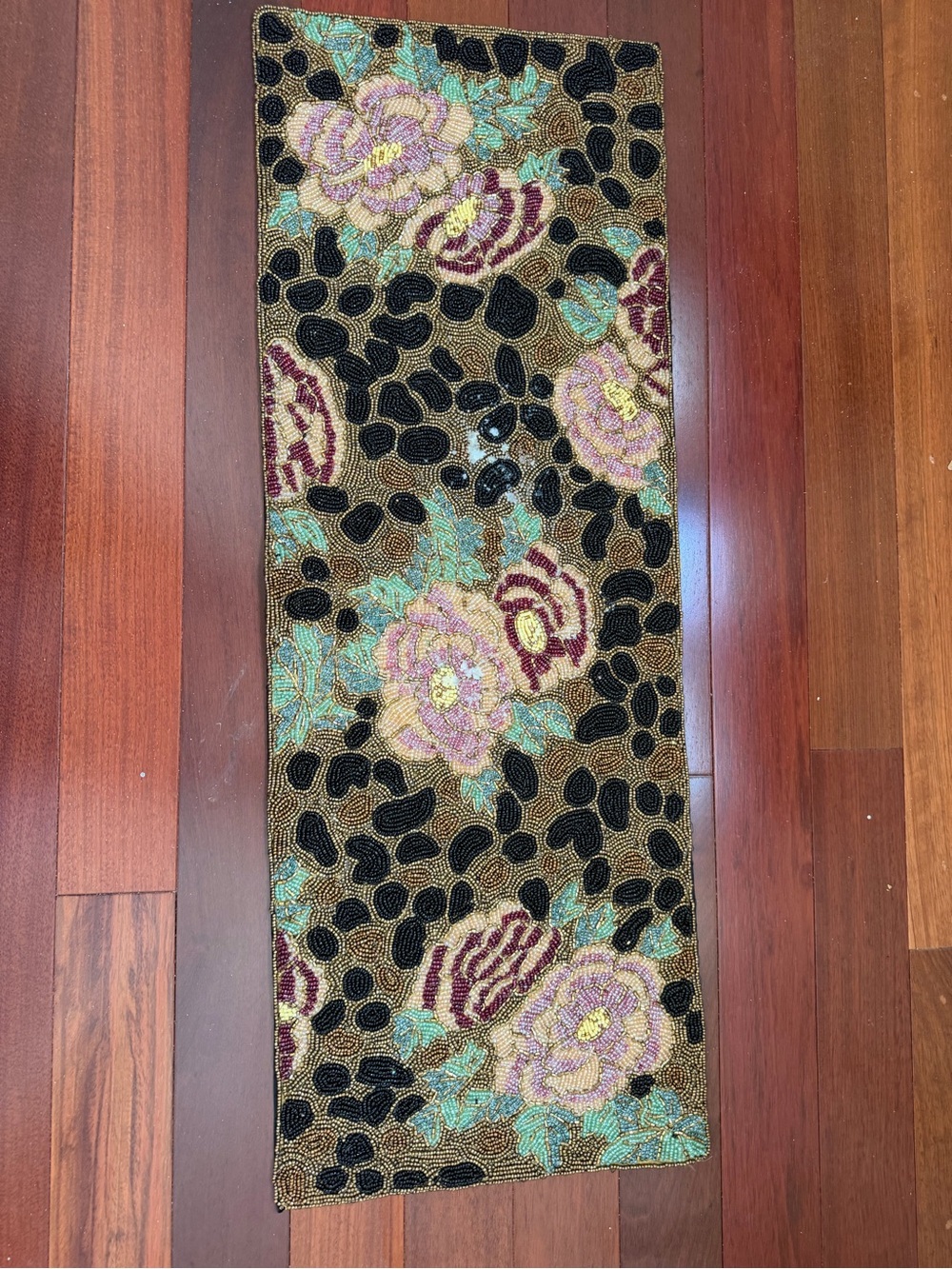 Beaded Floral Runner in Black, Pink & Green 13x34